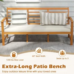 Tangkula Patio 64 Inch Wood Bench, 3-Seat Extra Long Acacia Chair w/Seat Cushion