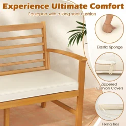 Tangkula Patio 64 Inch Wood Bench, 3-Seat Extra Long Acacia Chair w/Seat Cushion