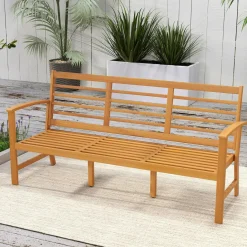 Tangkula Patio 64 Inch Wood Bench, 3-Seat Extra Long Acacia Chair w/Seat Cushion