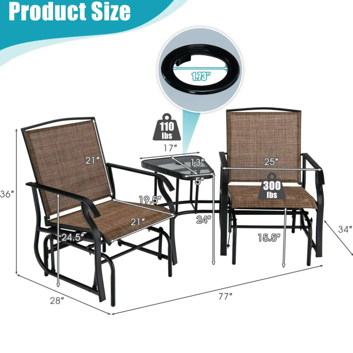 Tangkula Patio 2 Person Swing Glider Chair, Outdoor Double Rocking Chair