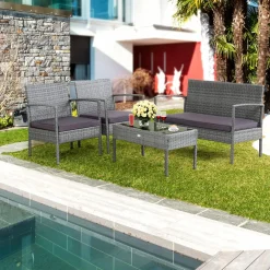 Tangkula Patio 4 Piece Rattan Furniture Set, Patiojoy Outdoor Wicker Conversation Set