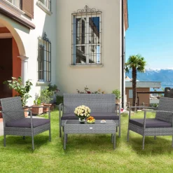 Tangkula Patio 4 Piece Rattan Furniture Set, Patiojoy Outdoor Wicker Conversation Set