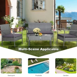 Tangkula Patio 4 Piece Rattan Furniture Set, Patiojoy Outdoor Wicker Conversation Set