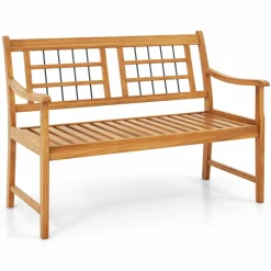 Tangkula Patio Acacia Wood Bench, Wooden 2-Person Outside Chair w/Curved Armrests