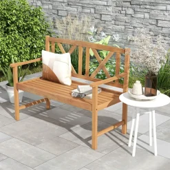Tangkula Patio Acacia Wood Bench, 2-Person Outdoor Loveseat Chair