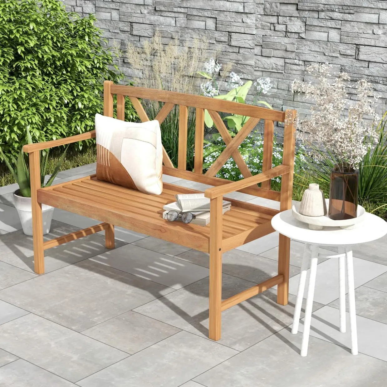 Tangkula Patio Acacia Wood Bench, 2-Person Outdoor Loveseat Chair