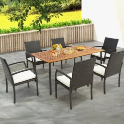 Tangkula Patio Acacia Wood Dining Table for 6 Persons, Large Rectangular Dining Table with Metal Legs