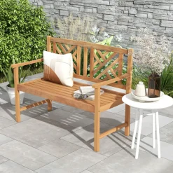 Tangkula Patio Acacia Wood Bench, 2-Person Outdoor Loveseat Chair
