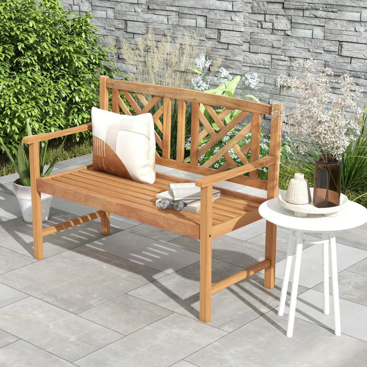 Tangkula Patio Acacia Wood Bench, 2-Person Outdoor Loveseat Chair