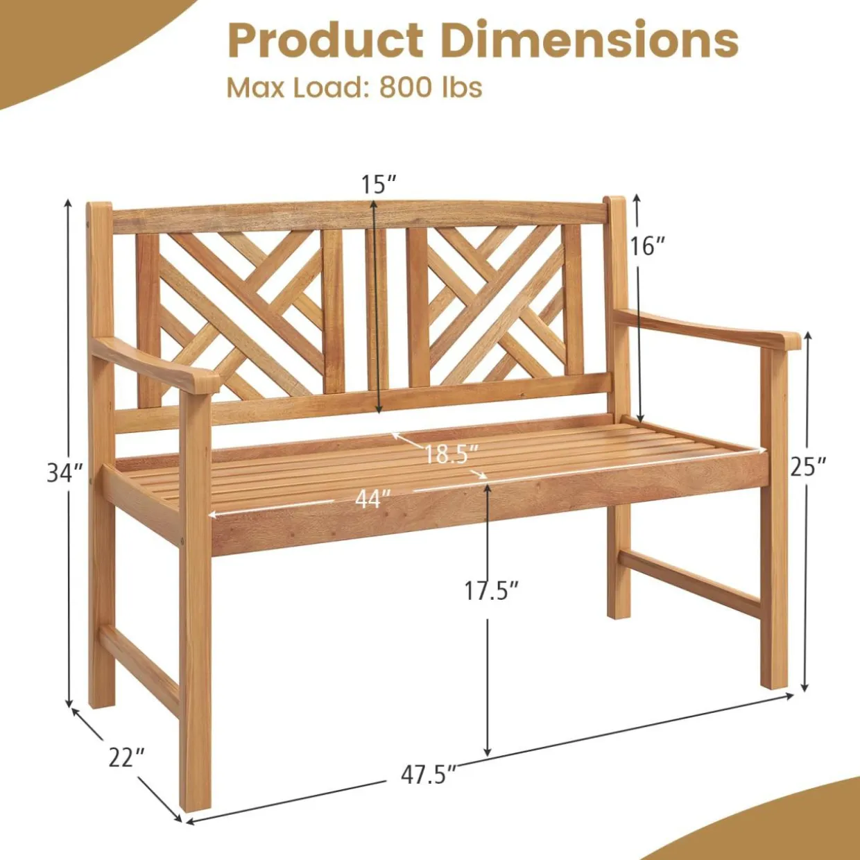 Tangkula Patio Acacia Wood Bench, 2-Person Outdoor Loveseat Chair