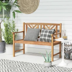 Tangkula Patio Acacia Wood Bench, 2-Person Outdoor Loveseat Chair