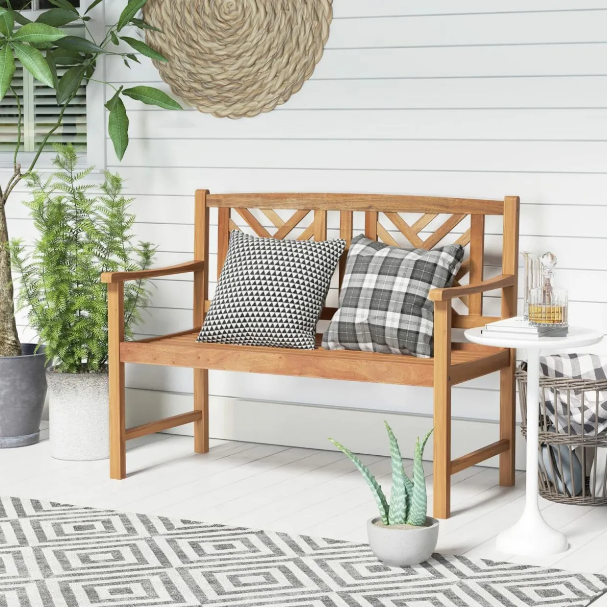 Tangkula Patio Acacia Wood Bench, 2-Person Outdoor Loveseat Chair