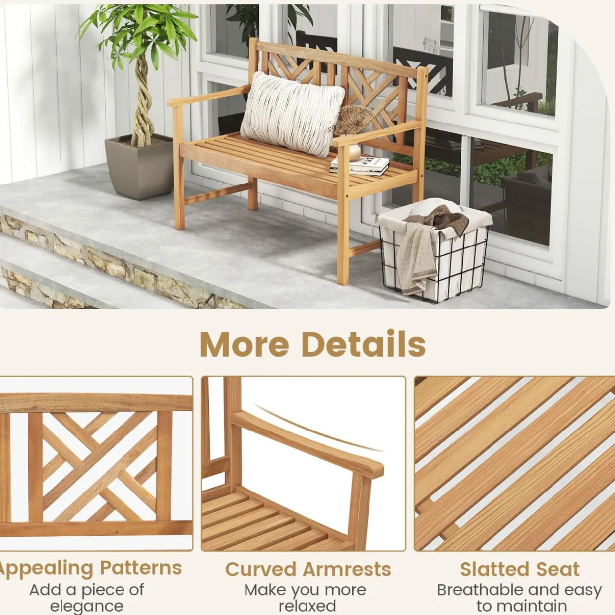 Tangkula Patio Acacia Wood Bench, 2-Person Outdoor Loveseat Chair