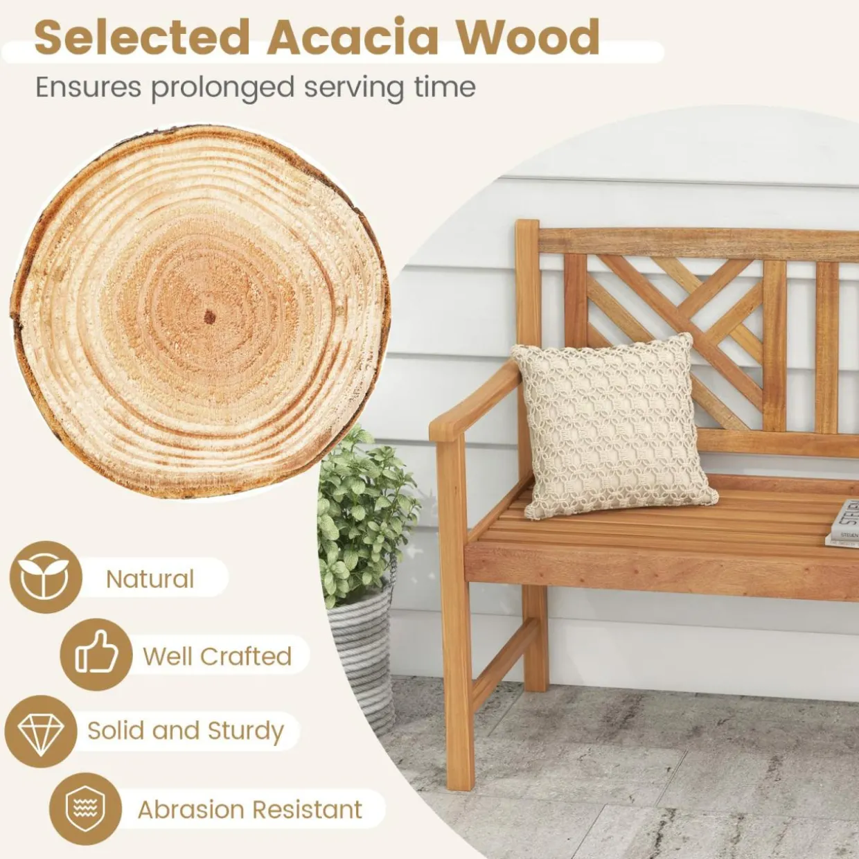Tangkula Patio Acacia Wood Bench, 2-Person Outdoor Loveseat Chair