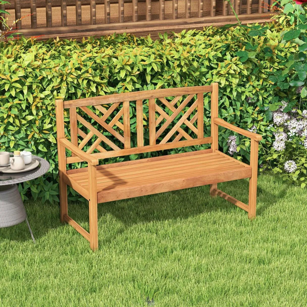 Tangkula Patio Acacia Wood Bench, 2-Person Outdoor Loveseat Chair