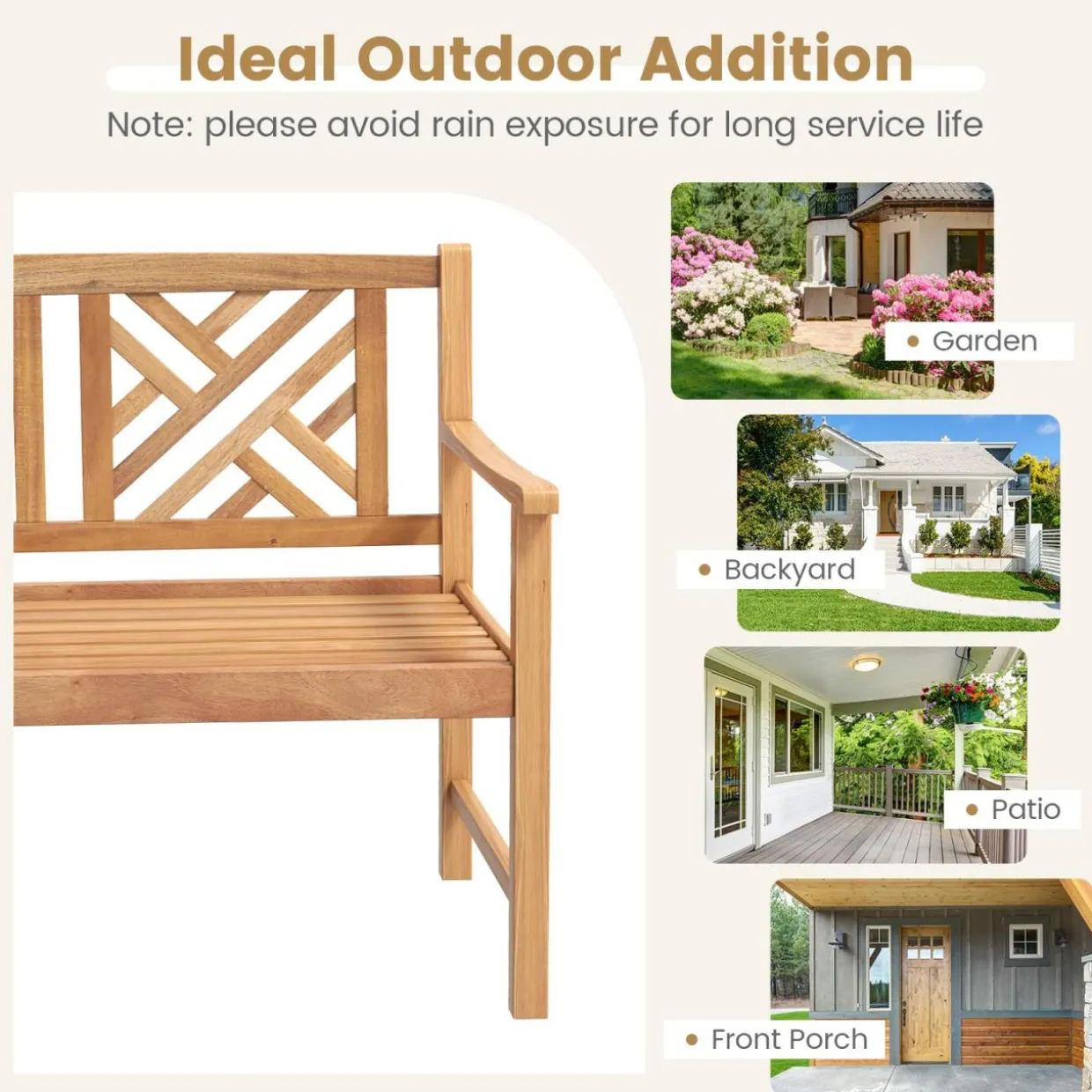 Tangkula Patio Acacia Wood Bench, 2-Person Outdoor Loveseat Chair