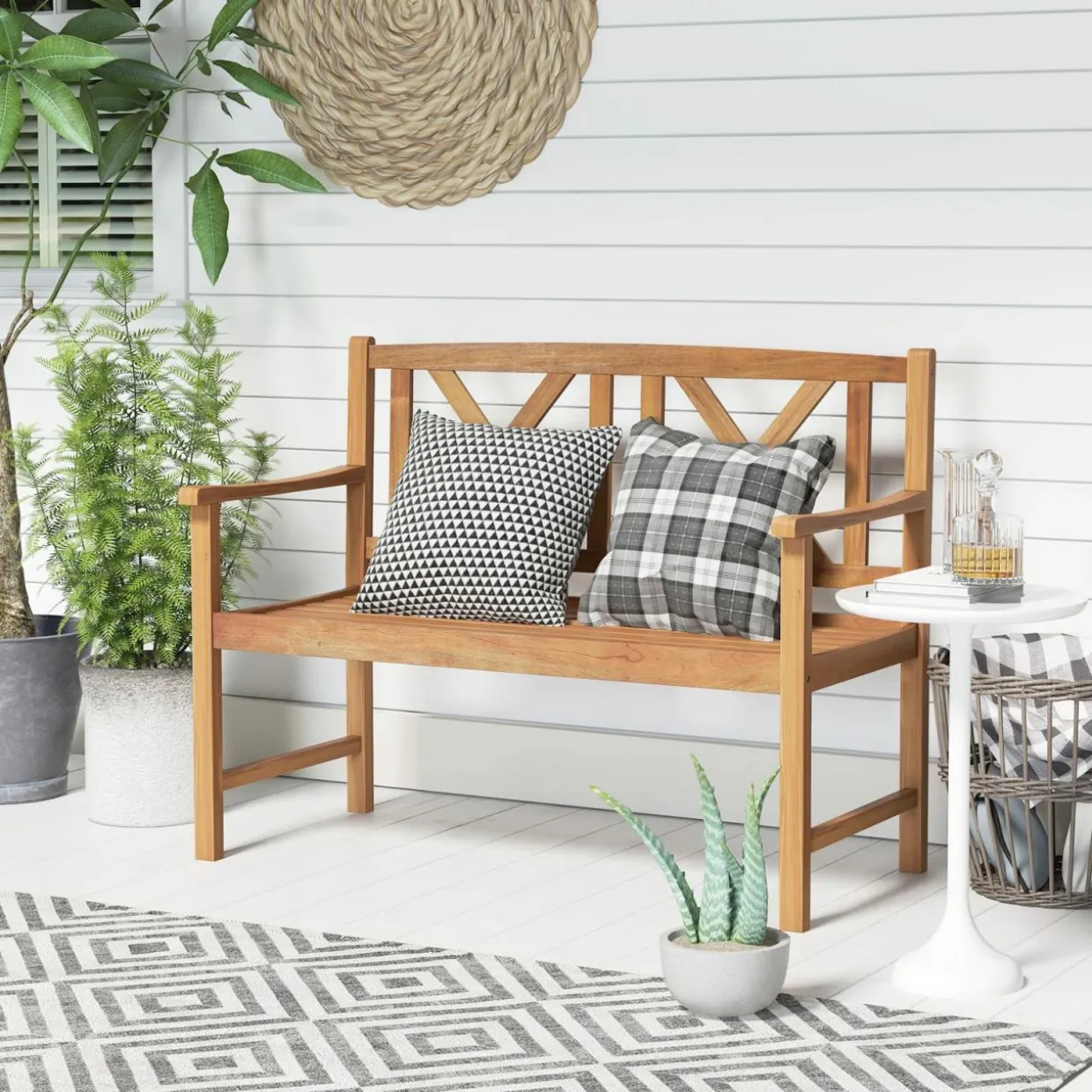Tangkula Patio Acacia Wood Bench, 2-Person Outdoor Loveseat Chair