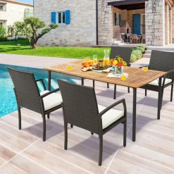 Tangkula Patio Acacia Wood Dining Table for 6 Persons, Large Rectangular Dining Table with Metal Legs