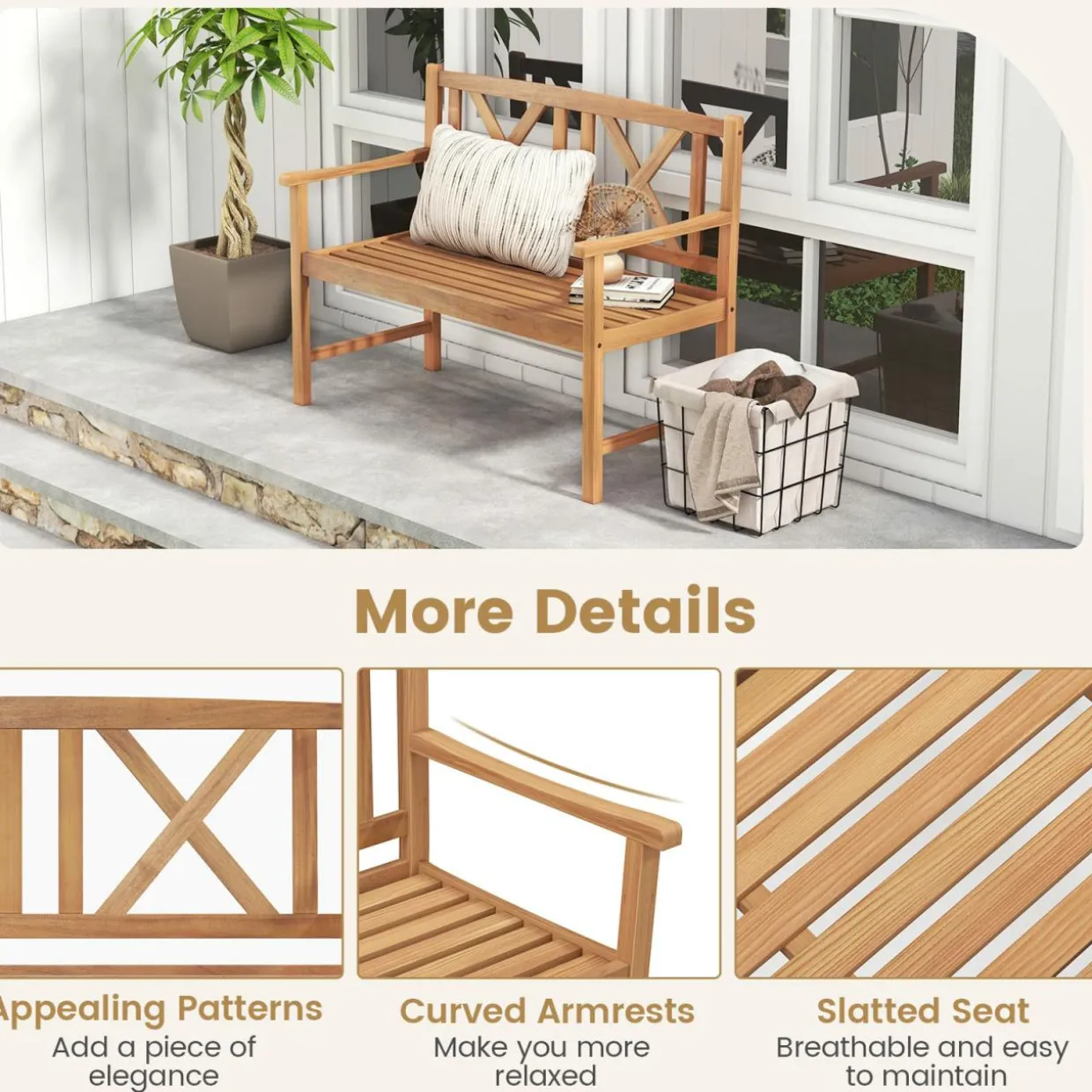 Tangkula Patio Acacia Wood Bench, 2-Person Outdoor Loveseat Chair
