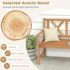 Tangkula Patio Acacia Wood Bench, 2-Person Outdoor Loveseat Chair