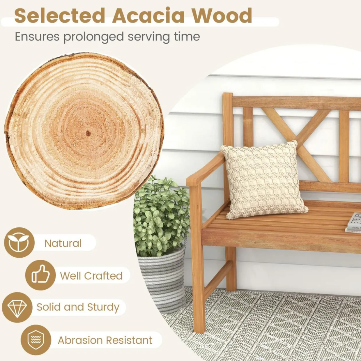 Tangkula Patio Acacia Wood Bench, 2-Person Outdoor Loveseat Chair