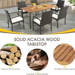 Tangkula Patio Acacia Wood Dining Table for 6 Persons, Large Rectangular Dining Table with Metal Legs