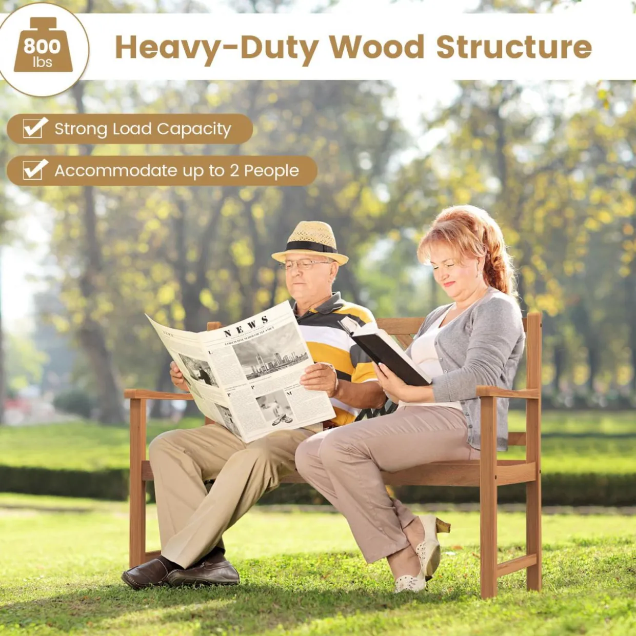 Tangkula Patio Acacia Wood Bench, 2-Person Outdoor Loveseat Chair