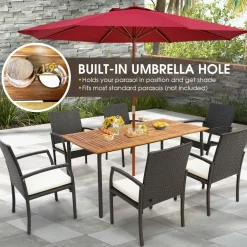 Tangkula Patio Acacia Wood Dining Table for 6 Persons, Large Rectangular Dining Table with Metal Legs