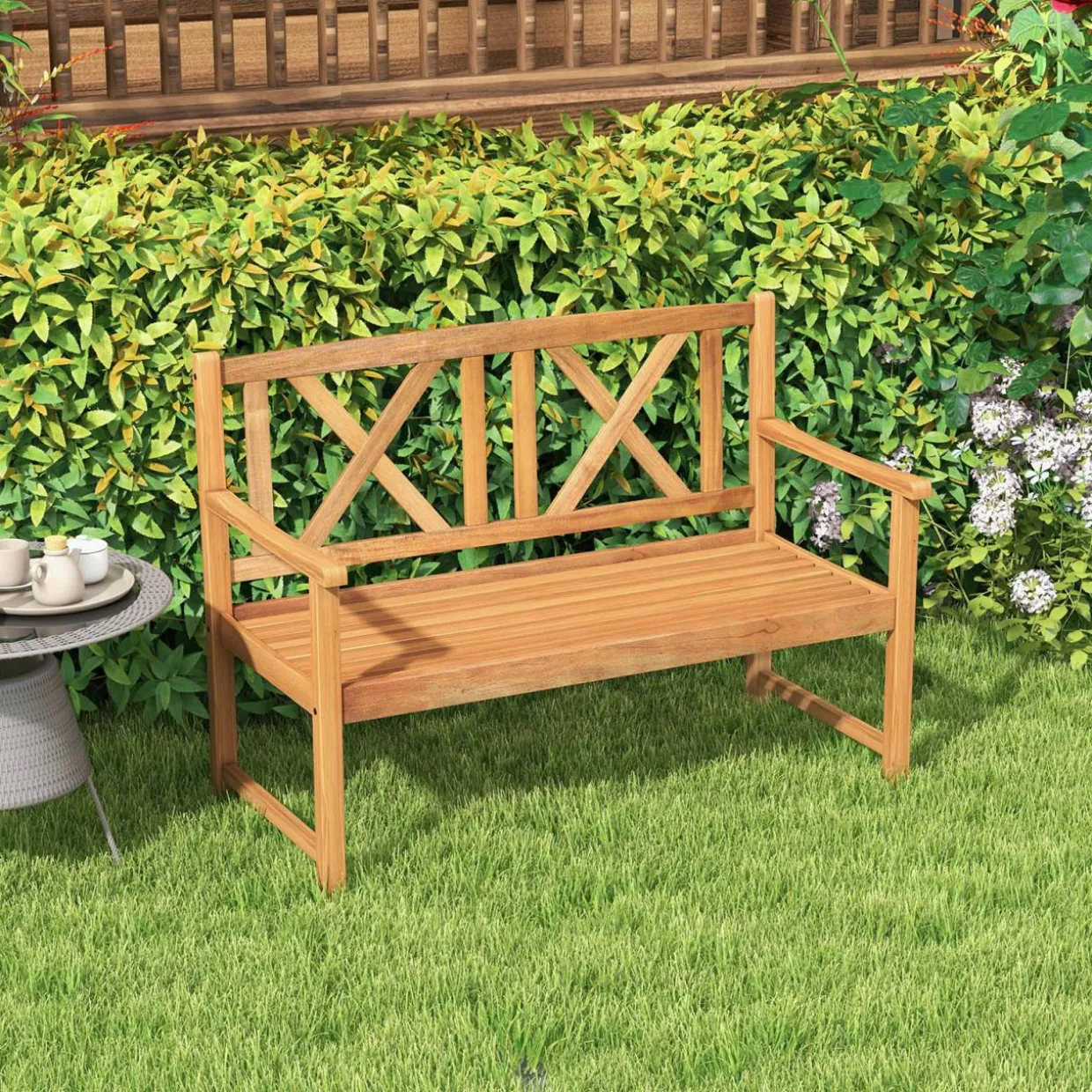 Tangkula Patio Acacia Wood Bench, 2-Person Outdoor Loveseat Chair