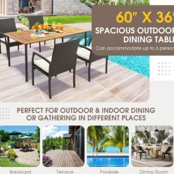 Tangkula Patio Acacia Wood Dining Table for 6 Persons, Large Rectangular Dining Table with Metal Legs