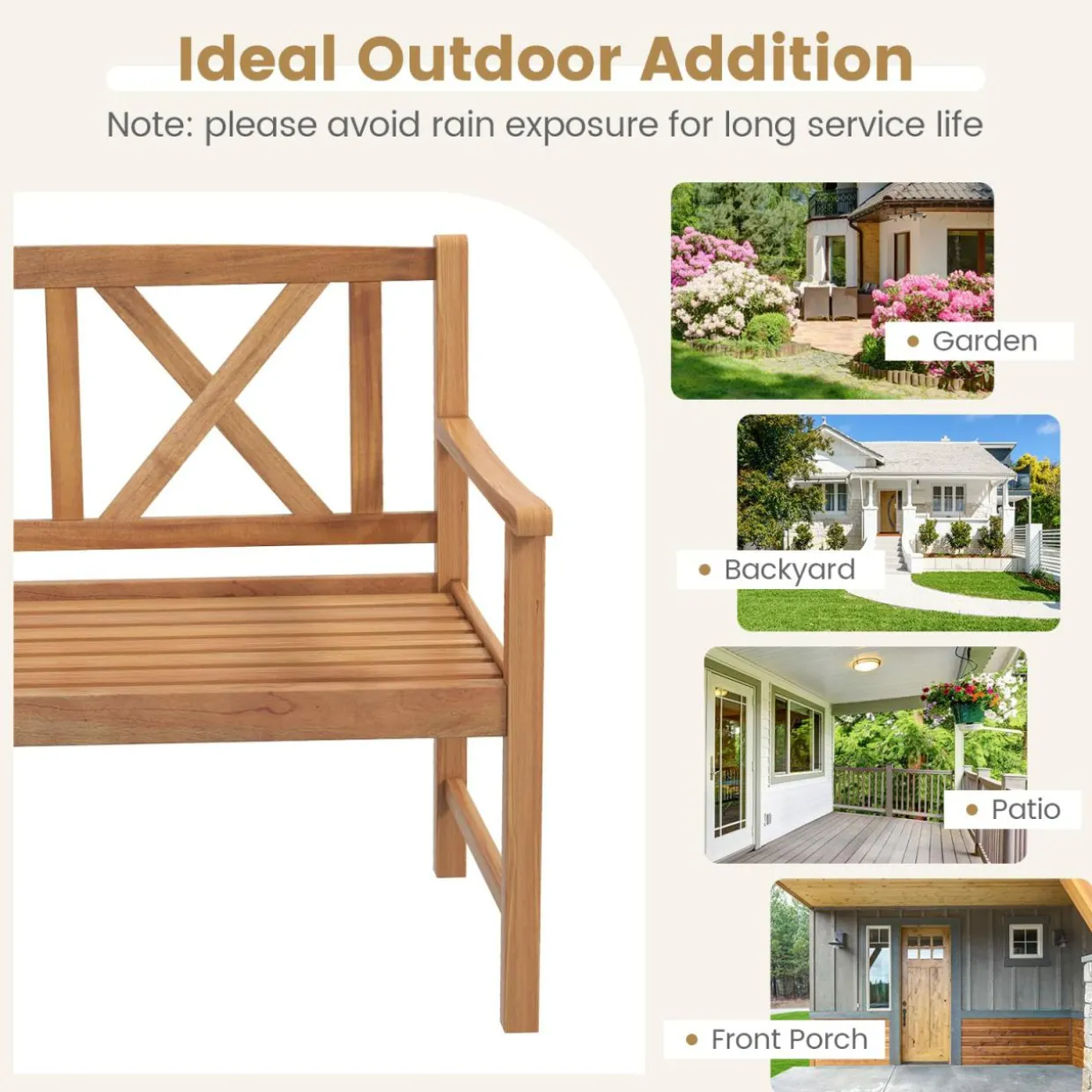 Tangkula Patio Acacia Wood Bench, 2-Person Outdoor Loveseat Chair