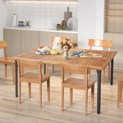 Tangkula Patio Acacia Wood Dining Table for 6 Persons, Large Rectangular Dining Table with Metal Legs