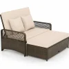 Tangkula Patio Adjustable Wicker Daybed, Rattan Loveseat & Storage Ottoman w/ 4-Level Backrest & Soft Cushions