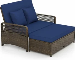 Tangkula Patio Adjustable Wicker Daybed, Rattan Loveseat & Storage Ottoman w/ 4-Level Backrest & Soft Cushions