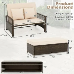 Tangkula Patio Adjustable Wicker Daybed, Rattan Loveseat & Storage Ottoman w/ 4-Level Backrest & Soft Cushions