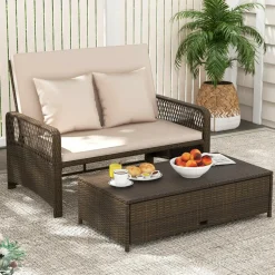 Tangkula Patio Adjustable Wicker Daybed, Rattan Loveseat & Storage Ottoman w/ 4-Level Backrest & Soft Cushions