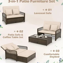 Tangkula Patio Adjustable Wicker Daybed, Rattan Loveseat & Storage Ottoman w/ 4-Level Backrest & Soft Cushions