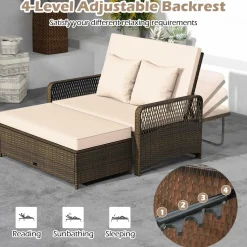 Tangkula Patio Adjustable Wicker Daybed, Rattan Loveseat & Storage Ottoman w/ 4-Level Backrest & Soft Cushions