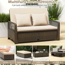 Tangkula Patio Adjustable Wicker Daybed, Rattan Loveseat & Storage Ottoman w/ 4-Level Backrest & Soft Cushions