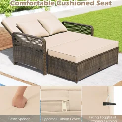 Tangkula Patio Adjustable Wicker Daybed, Rattan Loveseat & Storage Ottoman w/ 4-Level Backrest & Soft Cushions