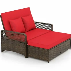 Tangkula Patio Adjustable Wicker Daybed, Rattan Loveseat & Storage Ottoman w/ 4-Level Backrest & Soft Cushions