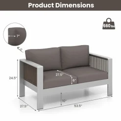 Tangkula Patio Aluminum Loveseat Sofa, Outdoor Furniture Set with Thick Back & Seat Cushions (Gray)