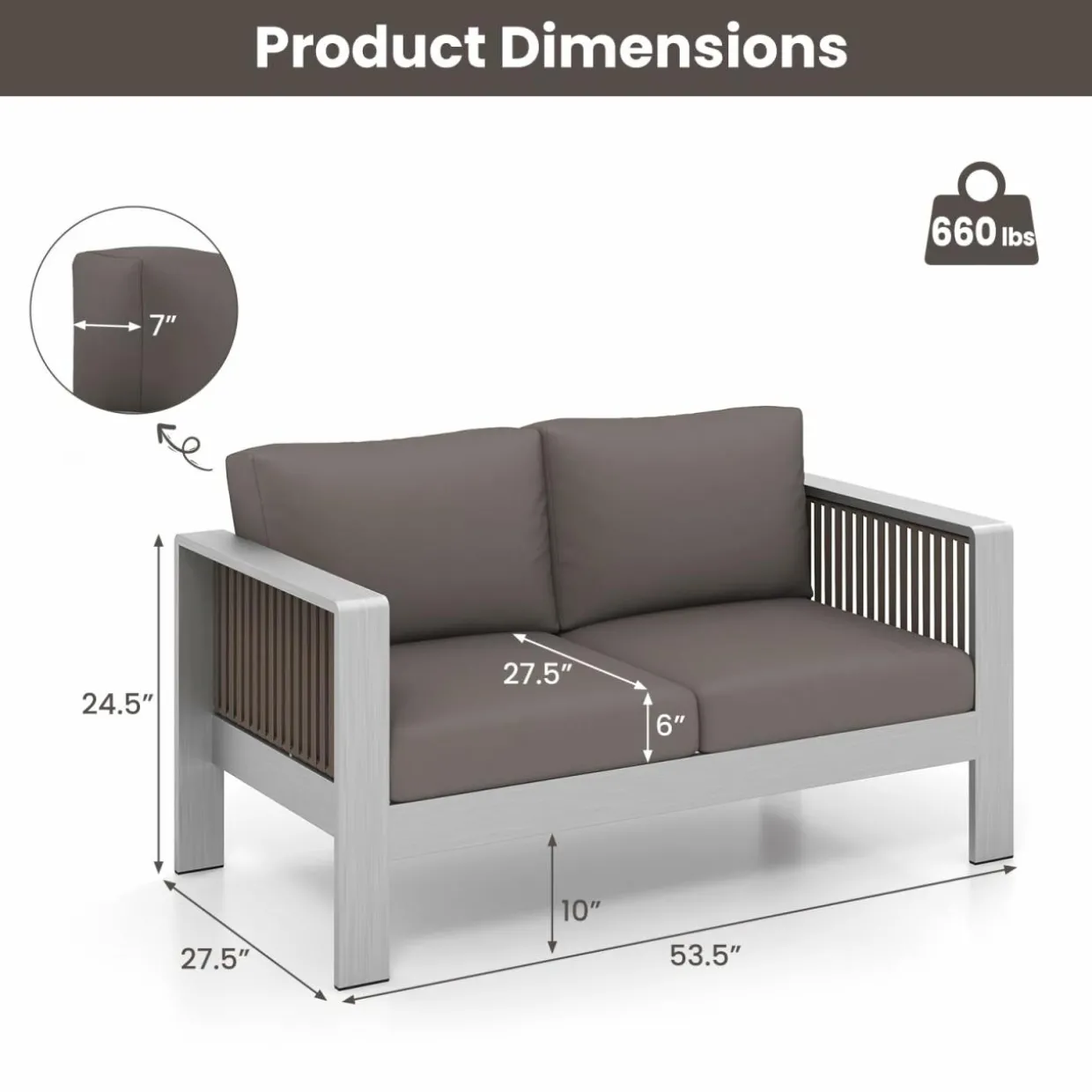 Tangkula Patio Aluminum Loveseat Sofa, Outdoor Furniture Set with Thick Back & Seat Cushions (Gray)