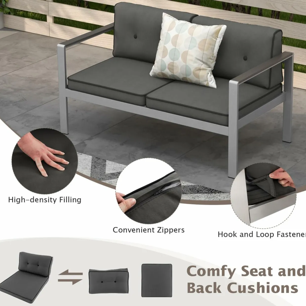 Tangkula Patio Aluminum Loveseat Sofa, Contemporary 2-Person Sofa Chair with WPC Armrests