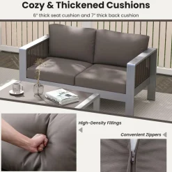 Tangkula Patio Aluminum Loveseat Sofa, Outdoor Furniture Set with Thick Back & Seat Cushions (Gray)