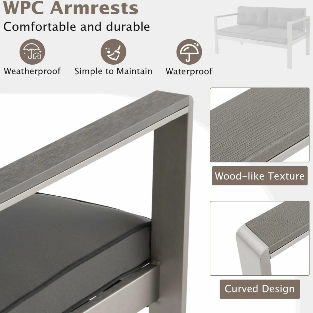 Tangkula Patio Aluminum Loveseat Sofa, Contemporary 2-Person Sofa Chair with WPC Armrests