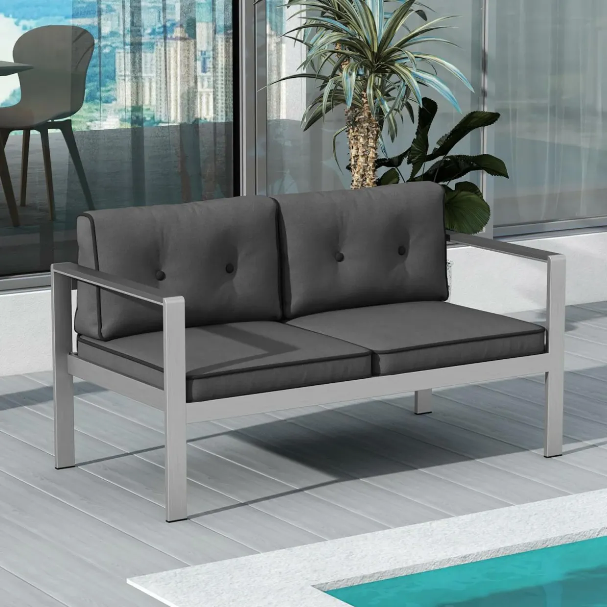 Tangkula Patio Aluminum Loveseat Sofa, Contemporary 2-Person Sofa Chair with WPC Armrests