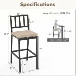 Tangkula Patio Bar Chairs, Heavy-Duty Metal Frame Bar Stools w/Backrest, Indoor Outdoor Barstools