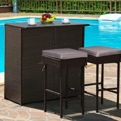 Tangkula Patio Bar Set, 3 Piece Outdoor Rattan Wicker Bar Set with 2 Cushions Stools & Glass Top Table