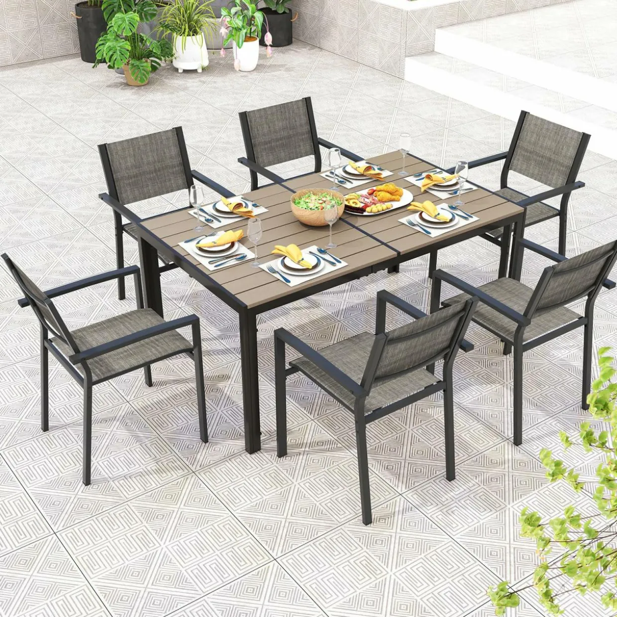 Tangkula Patio Chair Set of 6, Stackable Dining Chairs w/Breathable Fabric Seat & Heavy-Duty Metal Frame
